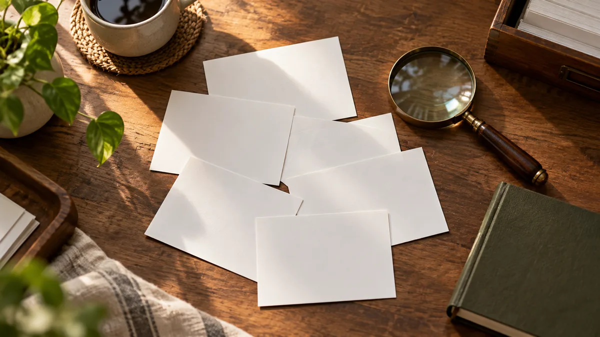 Blank white photo prints spread on a wooden desk beside a magnifying glass and a closed notebook
