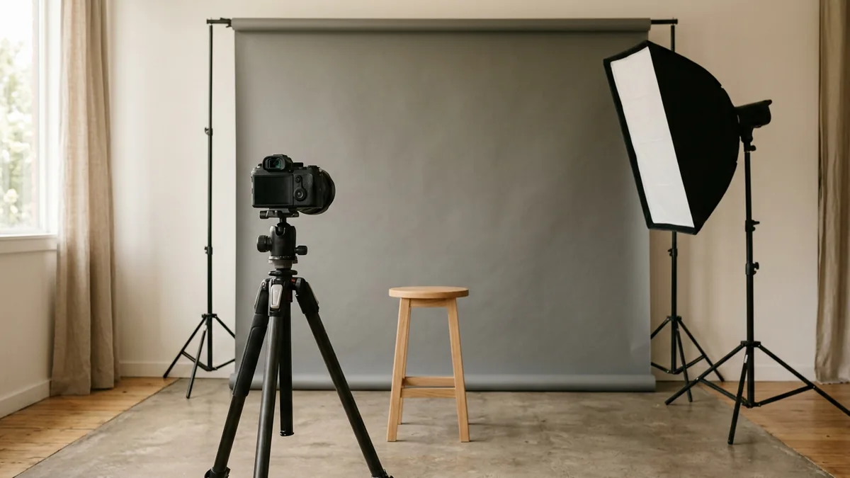 Empty photo studio with a camera on a tripod, a softbox light and a wooden stool in front of a plain grey backdrop