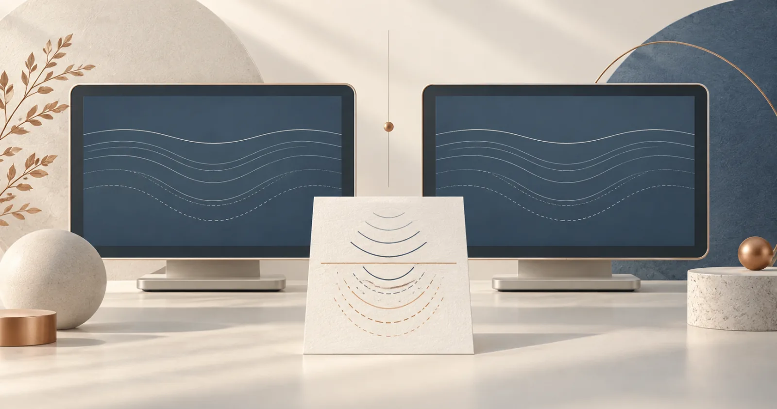 Two equally clear abstract display frames with matching contour lines and a sound-wave card between them